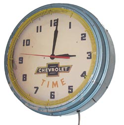 Chevrolet Neon Clock. This is very rare neon clock advertising, "Chevrolet-Time". — Antique Clocks Price Guide