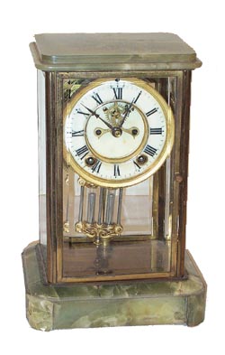 Ansonia Clock Co. crystal regulator, "Dutchess", ca 1914, with a mottled green onyx top and base. — Antique Clocks Price Guide