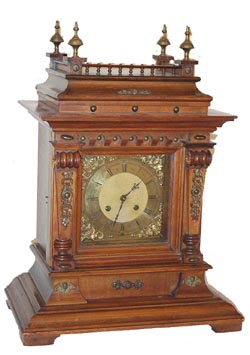 German shelf clock, made by "Thomas Haller", a clockmaker in Schwenningen Germany, from 1880 until 1900, when they merged with Junghans. Their trademark "T over H" is on the movement. — Antique Clocks Price Guide