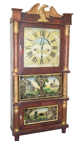 A three decker clock with label "Eight Day/BRASS/CLOCKS/MANUFACTURED BY /R. and J.B. TERRY/Bristol, Conn." ca 1835-1836. — Antique Clocks Price Guide