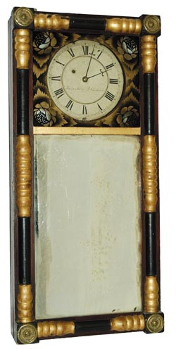 New Hampshire Mirror Clock, ca 1820, "Warrented by J. Chadwick", is signed on the original painted dial. — Antique Clocks Price Guide