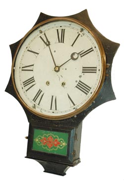 Terry Clock Co., Waterbury, Conn. cast iron short drop wall clock with upper bezel surround in sunburst (octagon top) style. — Antique Clocks Price Guide