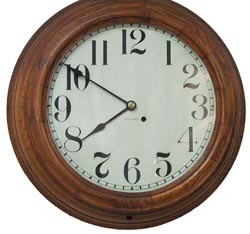 New Haven Clock Co. large solid oak gallery clock, 14 inch dial, 30 day time only, ca 1895. — Antique Clocks Price Guide