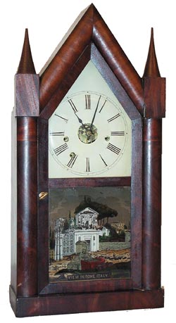 Steeple clock with full label reading, "Patent Spring Brass Clocks, Made and Sold By H. Welton, Agent, Plymouth, Conn." — Antique Clocks Price Guide