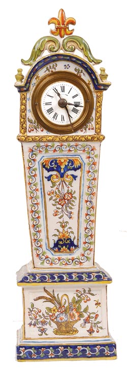 Elaborate and Rare French miniature tall clock, made of porcelain, richly painted and fire glazed. — Antique Clocks Price Guide