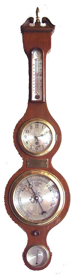 Chelsea Clock Co. clock, barometer, thermometer, and hygrometer, called "The Carver", ca 1975. — Antique Clocks Price Guide
