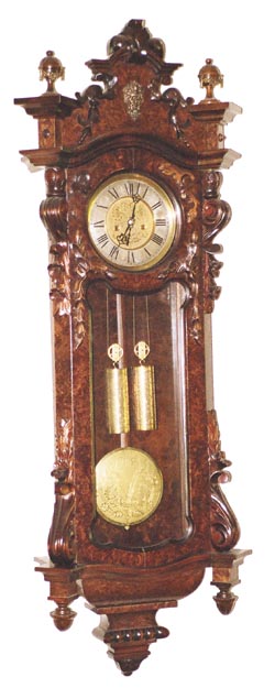 Gustav Becker 2 weight Vienna regulator with engraved weights, pendulum and dial center. — Antique Clocks Price Guide