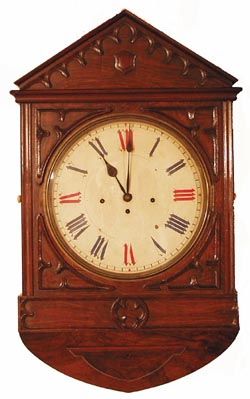 English triple chain fusee, 8 bell, hanging clock Large solid mahogany case is 35" high, 20" wide, 8.5" deep. — Antique Clocks Price Guide