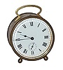 French alarm clock in a tin can style case, both front and back covers snap out of the can body.