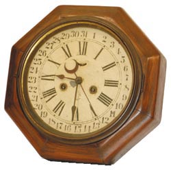 Waterbury Clock Co. calendar clock, the label says, "One Day Lever Time, Eight Inch Octagon, Calendar", C. 1909. — Antique Clocks Price Guide