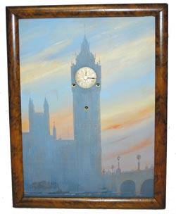 German musical picture frame clock. The case of burl walnut or flame mahogany is 12.5" wide and 16.15" high. — Antique Clocks Price Guide