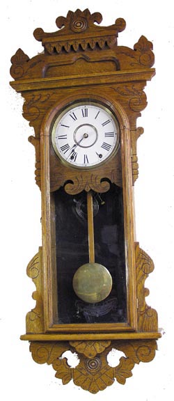 New Haven hanging clock, the "Maywood", C. 1911. Two excellent labels, one on the back and a second inside on the bottom. — Antique Clocks Price Guide