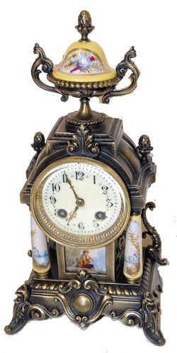 French porcelain and metal shelf clock. Miniature in size at 13" high, case professionally refinished in antique gold. — Antique Clocks Price Guide