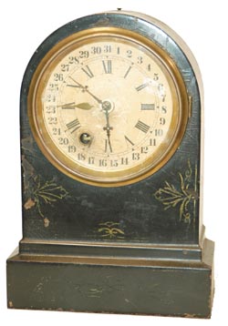 Terry Clock Co. iron case clock japanned inside and out, and ornamented in gilt, C. 1873. — Antique Clocks Price Guide
