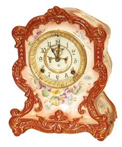 Ansonia Clock Co. porcelain case, unmarked and unnamed, as a great many of their clocks are. — Antique Clocks Price Guide