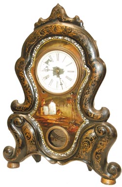 Harlem Inlaid Clock Manufactory, Offices No. 22 Maiden Lane, on an overpaste label, maybe over a J.C.Brown or Forestville Mfg. Co. label. — Antique Clocks Price Guide