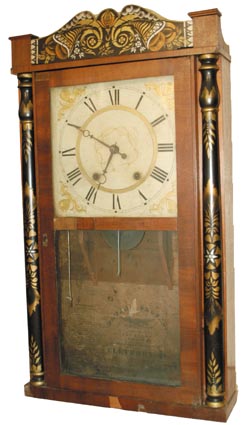 Eli Terry, Jr., Terryville, Connecticut, C. 1831, long pendulum, half pillar and splat clock with thirty hour wood movement. — Antique Clocks Price Guide
