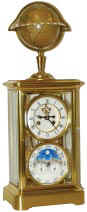 French four glass case with calendar, including moon phases, surmounted by a rotating globe, ca 1870. — Antique Clocks Price Guide