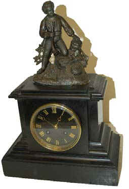 French black slate dial and clock case with attached statue of a boy, or man, out tooting his horn. — Antique Clocks Price Guide