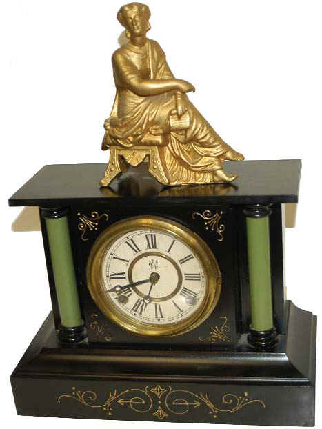 Waterbury Clock Co. enameled iron case clock with figure, "Palmetto", ca 1891. — Antique Clocks Price Guide