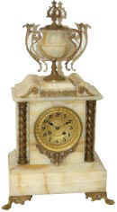 French white onyx mantle clock with all bronze ornaments including some around the clock face. — Antique Clocks Price Guide