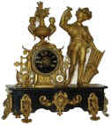 French statue-clock. A busy little clock with ornaments dangling all over the black onyx base, clock tower, and the grape picker. — Antique Clocks Price Guide