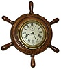 Seth Thomas Engine Lever type movement mounted into a carved ships wheel. Large letters, "U S N" carved at the top, and "1917" at the bottom.