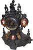 French metal clock, statue of boy and dog on top and portraits of 3 famous people.