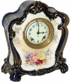 Ansonia Clock Co. Royal Bonn case, "La Don", ca early 1900, very similar to No. 71, cream front and cobalt blue back and sides. — Antique Clocks Price Guide