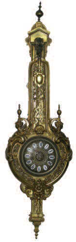 French Cartel wall clock, ca 1890. Highly detailed 38 inches high case, very heavy cast; it's solid bronze or brass. — Antique Clocks Price Guide