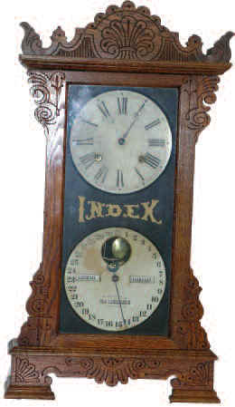 Ithaca Clock Co. shelf double dial calendar clock, "Mantel Index", ca. 1880. — Antique Clocks Price Guide