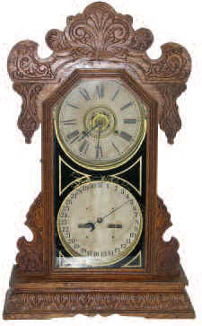 Waterbury Clock Co. shelf double dial calendar clock "Oswego", ca. 1900. — Antique Clocks Price Guide