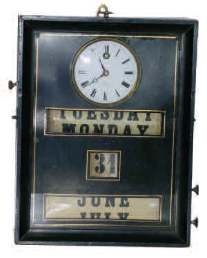 French shelf calendar clock. 13 inches high and 10 inches wide case, original ebonized finish, old glass. — Antique Clocks Price Guide