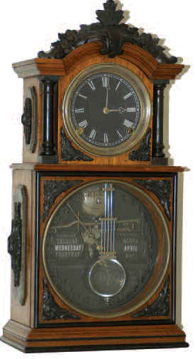 Ithaca Calendar Clock Company, "No 31/2 Parlor, Early Model", ca 1875. Original walnut case is 20.5 inches high, with ebony trimmings and elaborate carvings. — Antique Clocks Price Guide