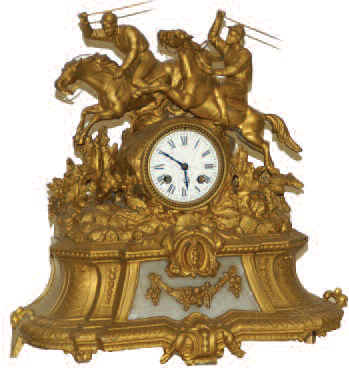 French statue clock featuring horses jumping as in a steeplechase event. Painted metal case is 16 inches high, 15 inches wide. — Antique Clocks Price Guide