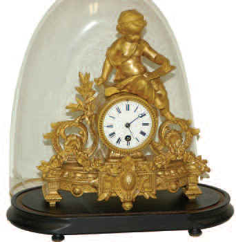 French statue clock under a glass dome. Dome on base is 16.5 inches high, 14.5 inches wide. — Antique Clocks Price Guide
