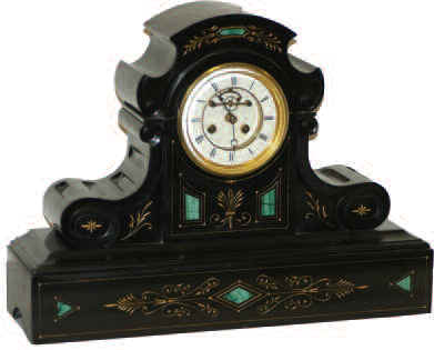 French black marble with green malachite inlay and gold-filled engravings brightly displayed over the front of the case. — Antique Clocks Price Guide