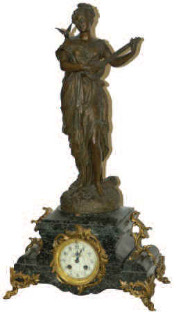 French woman statue on a marble clock base. The clock is 26 inches high with two thirds being the statue. — Antique Clocks Price Guide