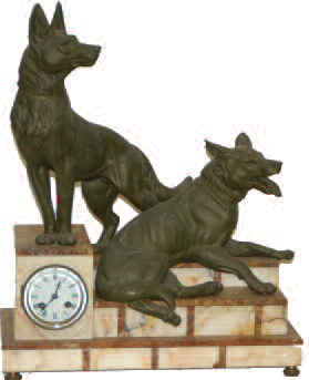 French statue clock featuring two German shepherd dogs on top of a marble based clock. — Antique Clocks Price Guide