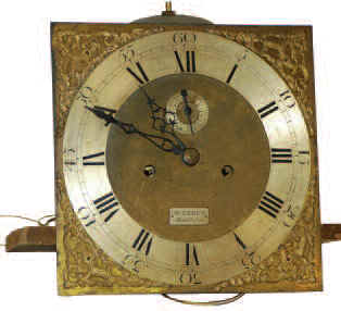 English brass dial, 8 day movement, old iron weights, and pendulum. Roughly from the same time period and configuration as No. 237. — Antique Clocks Price Guide
