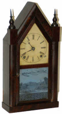 Steeple clock, "Daniel Pratt and Sons, Reading, Mass.", ca early 1850's. Copied from the full backboard label. — Antique Clocks Price Guide