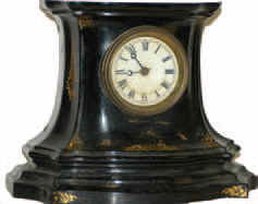American iron front clock, 10 inches tall, 13 inches wide. 8 day, bell strike movement is not signed and only marked, "3 ?". — Antique Clocks Price Guide