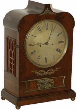 English double fusee bracket clock. Stylish mahogany veneer case is 18 inches high with brass ornaments on the front, brass ball feet, brass side windows (red cloth backing), and key locking brass bezel. — Antique Clocks Price Guide