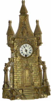 French bronze, castle motif, simulated stone structure and tile roof, towering high at 17 inches. Ancient kings built towers like this to hide their 4th wife from their 5th wife. — Antique Clocks Price Guide