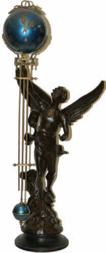 Mystery clock, a reproduction of the large French swinging arm clocks made in the late 1800's. This is an excellent copy that some folks find difficult to distinguish from an original. — Antique Clocks Price Guide