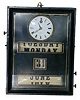 French shelf calendar clock. 13 inches high and 10 inches wide case, original ebonized finish, old glass.