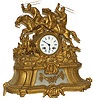 French statue clock featuring horses jumping as in a steeplechase event. Painted metal case is 16 inches high, 15 inches wide.