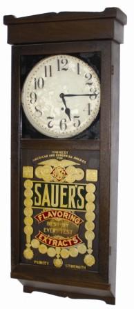 New Haven Clock Company case and 8 day movement with the very rare and famous "Sauer's" advertising glass. This is the first complete and original Sauer's clock we have sold since July 2003. — Antique Clocks Price Guide