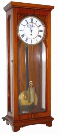 Vienna regulator, one weight, time only, maker unknown, nothing is signed except the porcelain dial. It is signed by the selling dealer, "J. C. W. Meyer / Wein". — Antique Clocks Price Guide