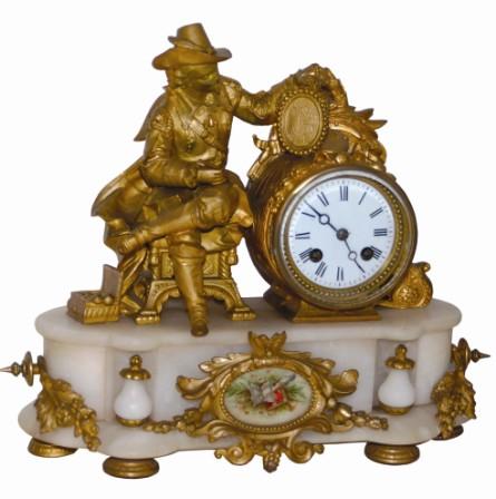 French onyx and bronze statue clock. It is 14" wide, 12" high, clean, and the best we can tell has all its original pieces. — Antique Clocks Price Guide